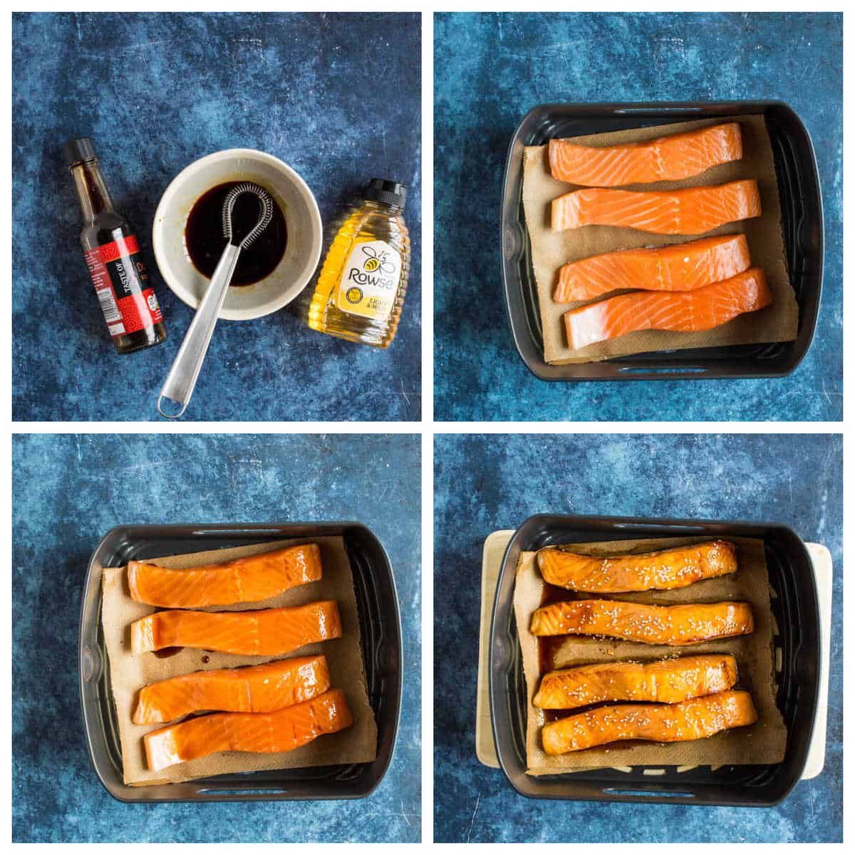 Step by step photo instructions collage for making air fryer salmon.