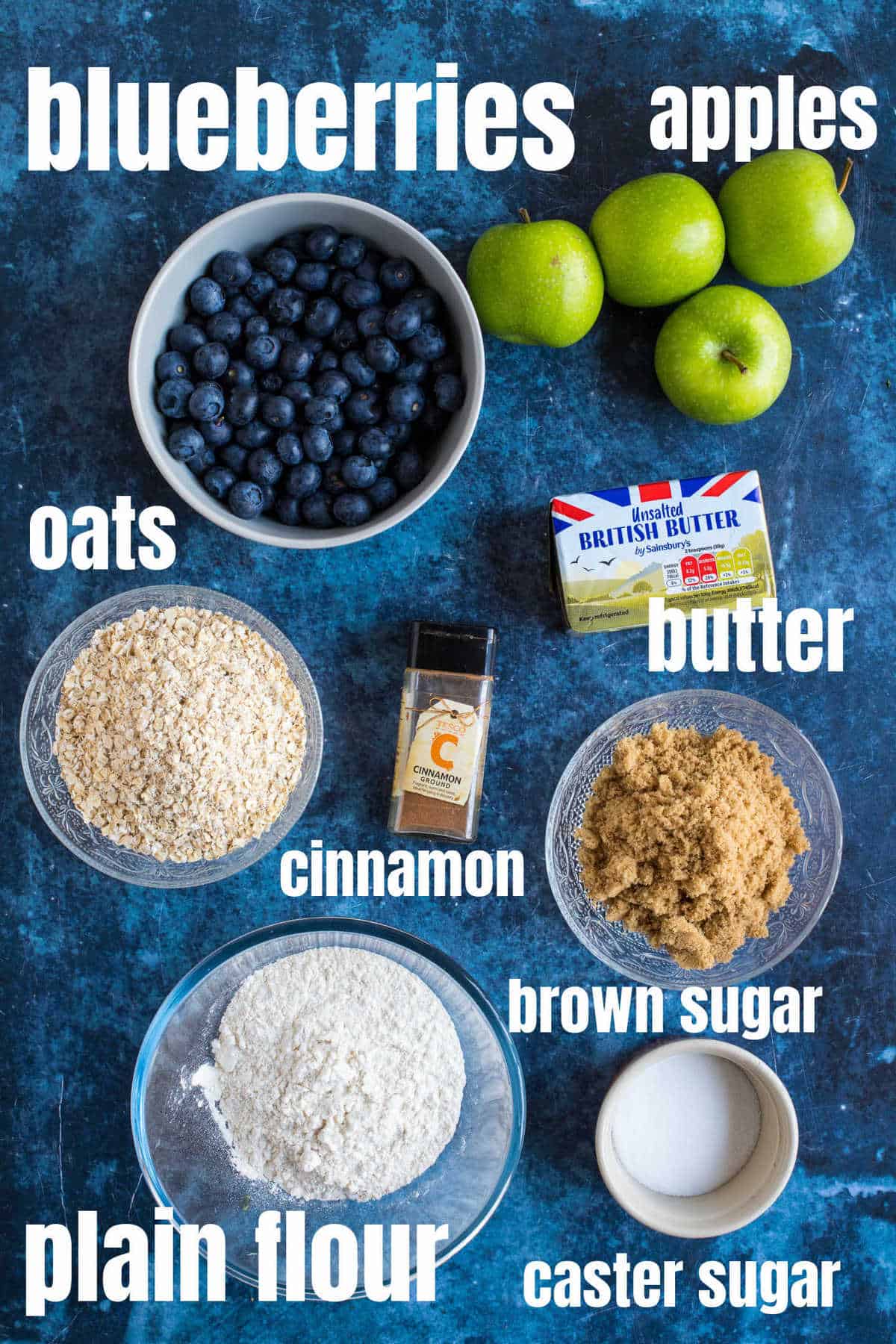 Ingredients needed to make the apple and blueberry crumble.