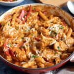 A pan of creamy bbq chicken pasta.