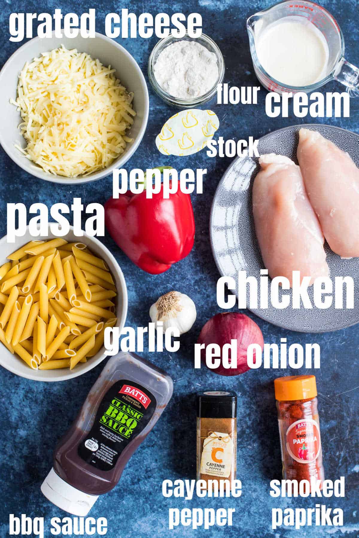 Ingredients needed for the bbq chicken pasta recipe.