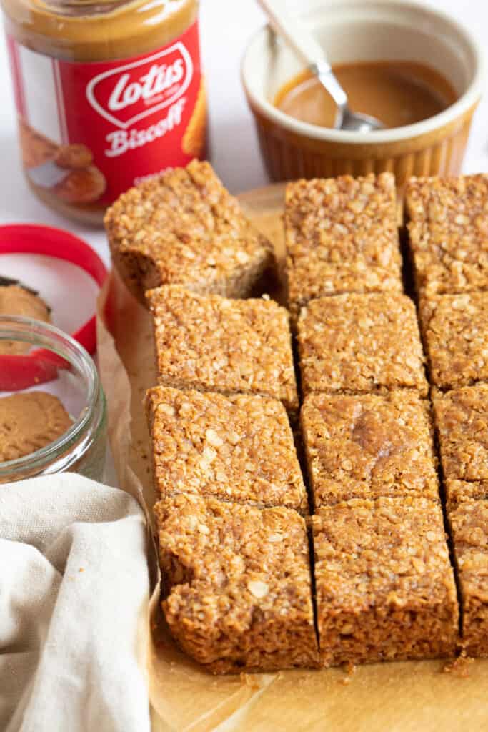 Biscoff flapjack cut into squares.