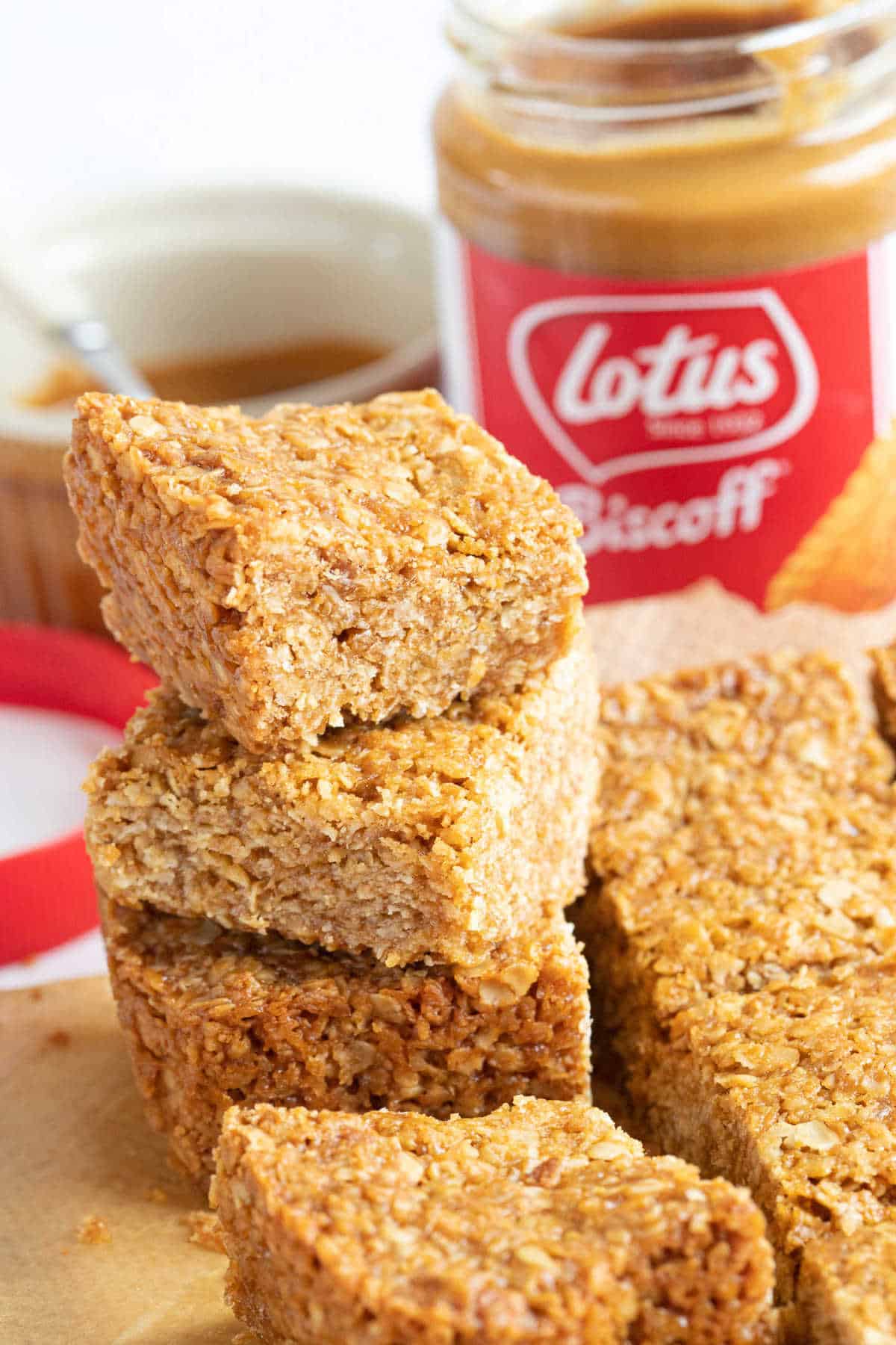 A stack of Biscoff flapjacks.