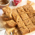 Biscoff flapjacks cut into squares.