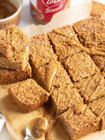 Biscoff flapjacks cut into squares.