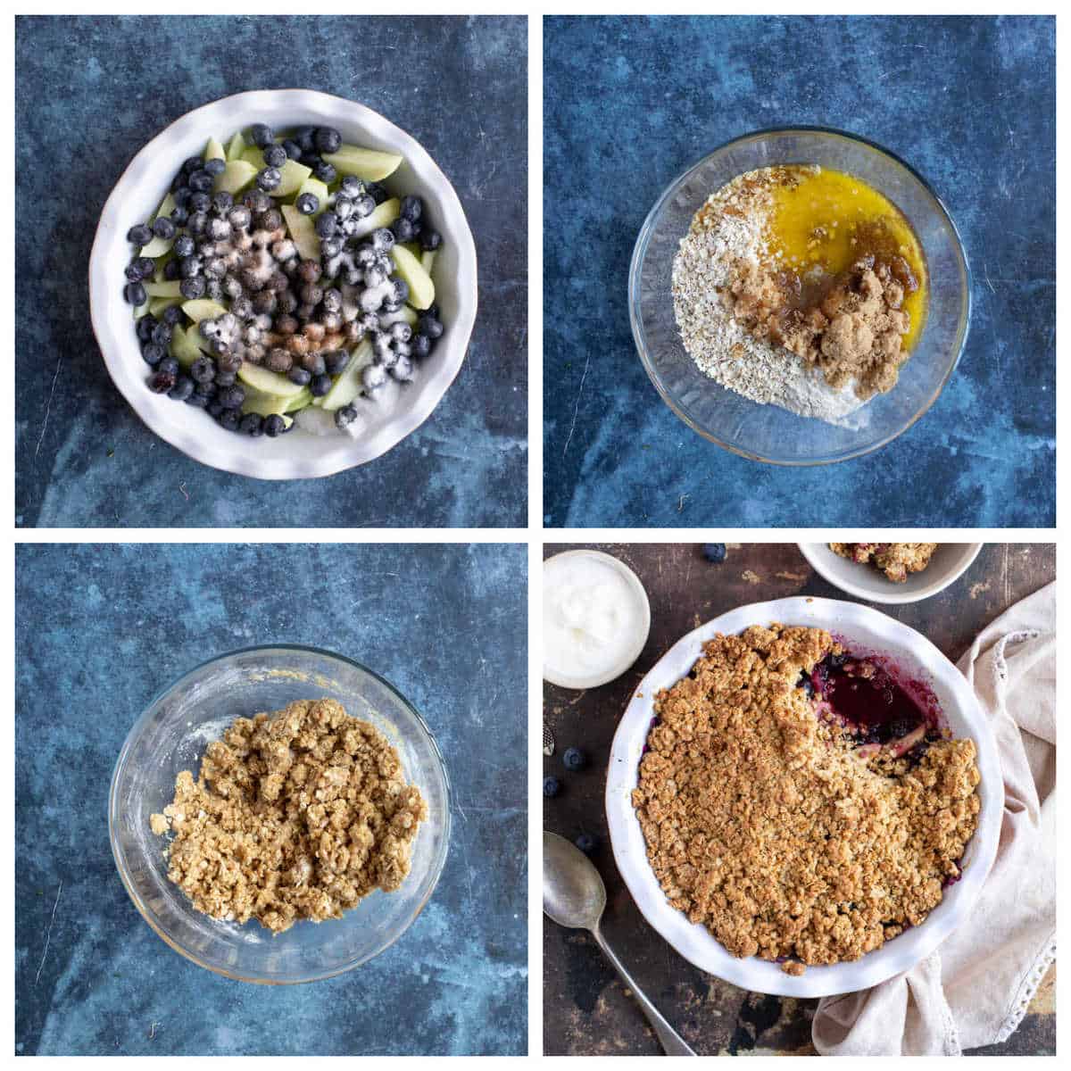 Step by step photo instructions for making apple and blueberry crumble.