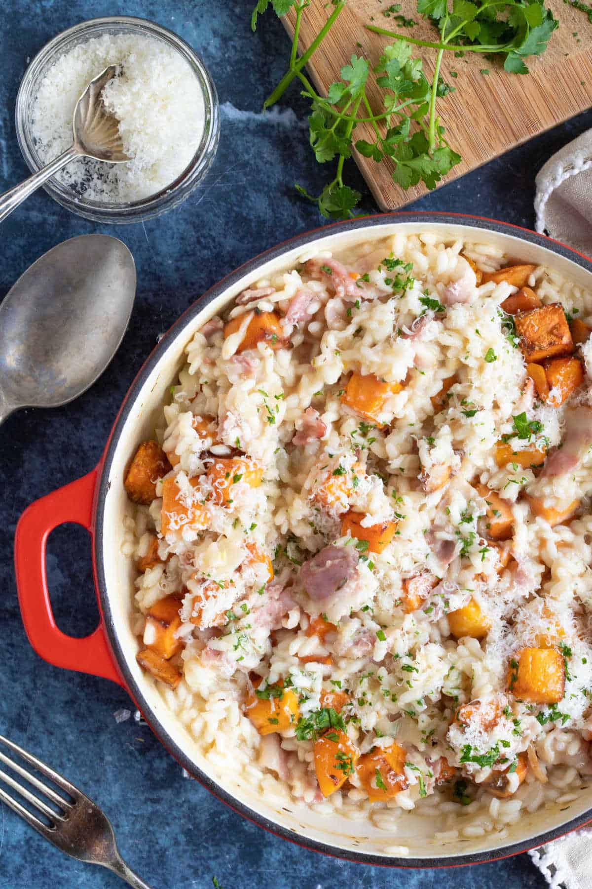 Butternut squash and bacon risotto with grated parmesan.