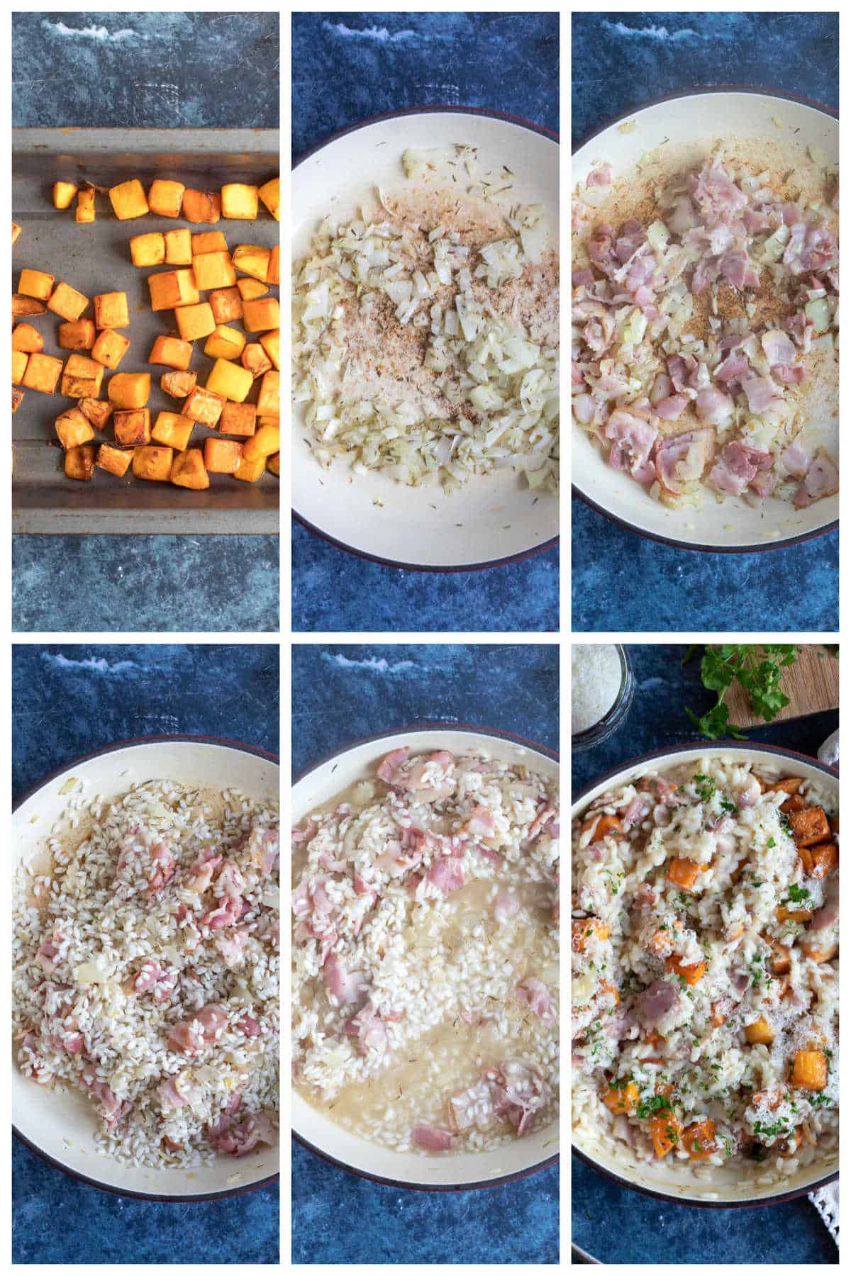 Step by step photo instructions for making bacon and butternut squash risotto.