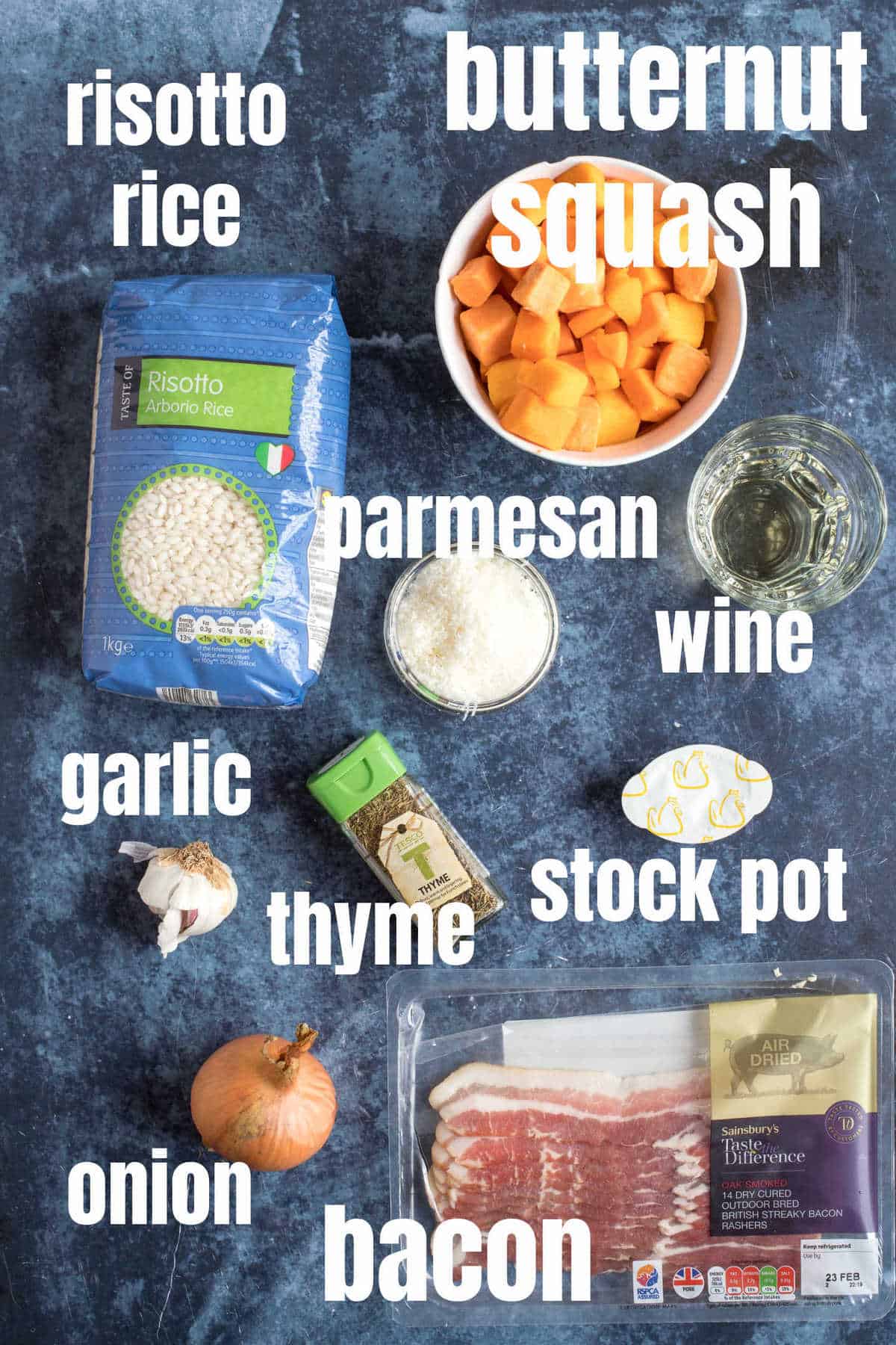 Ingredients for butternut squash and bacon risotto.
