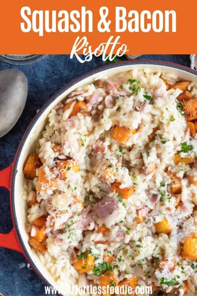 Butternut squash and bacon risotto pin image.