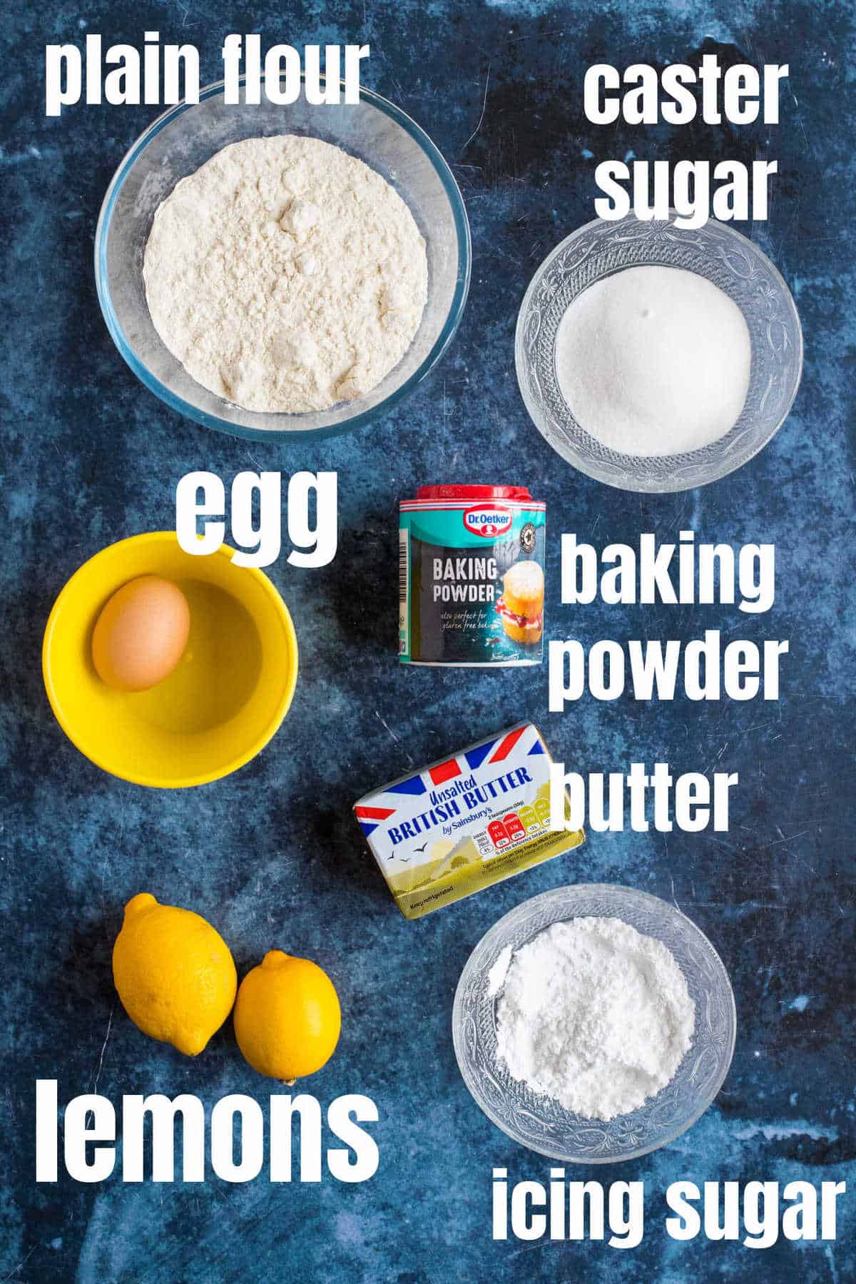 Ingredients needed for lemon biscuits.