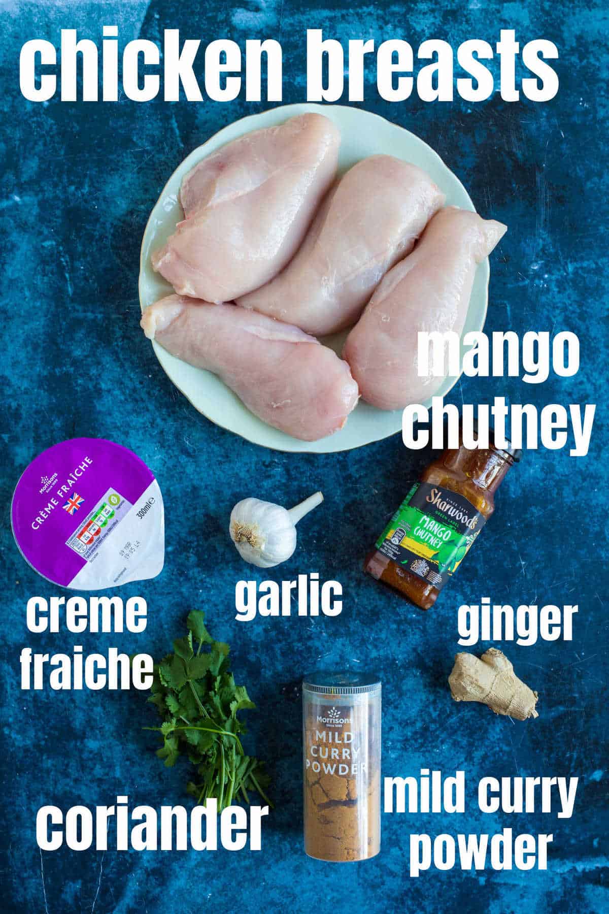 Ingredients needed for mango chutney chicken curry.