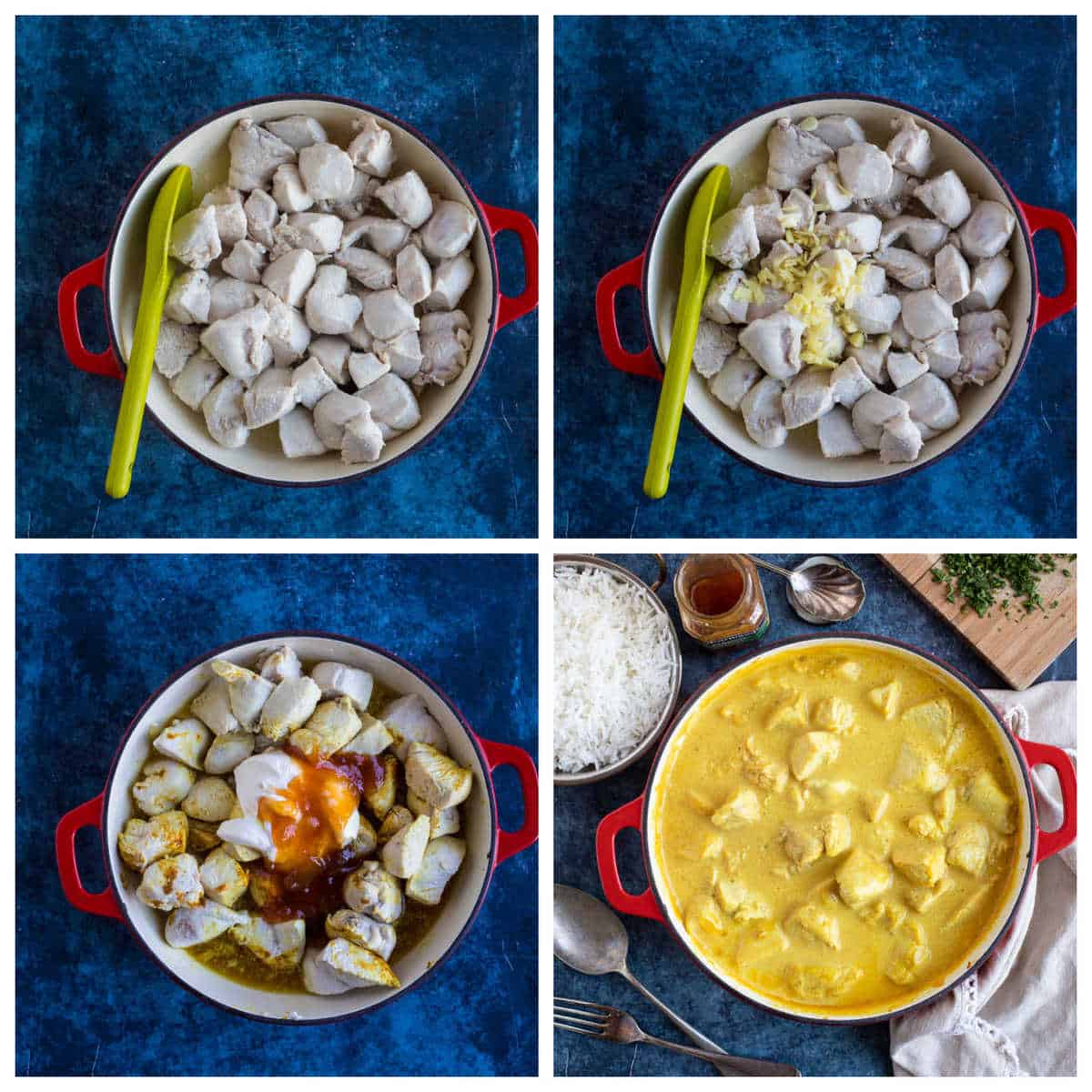 Step by step photo instructions for making mango chutney chicken curry.