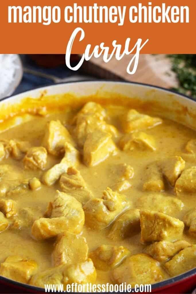 Mango chutney chicken curry pin image with text overlay.