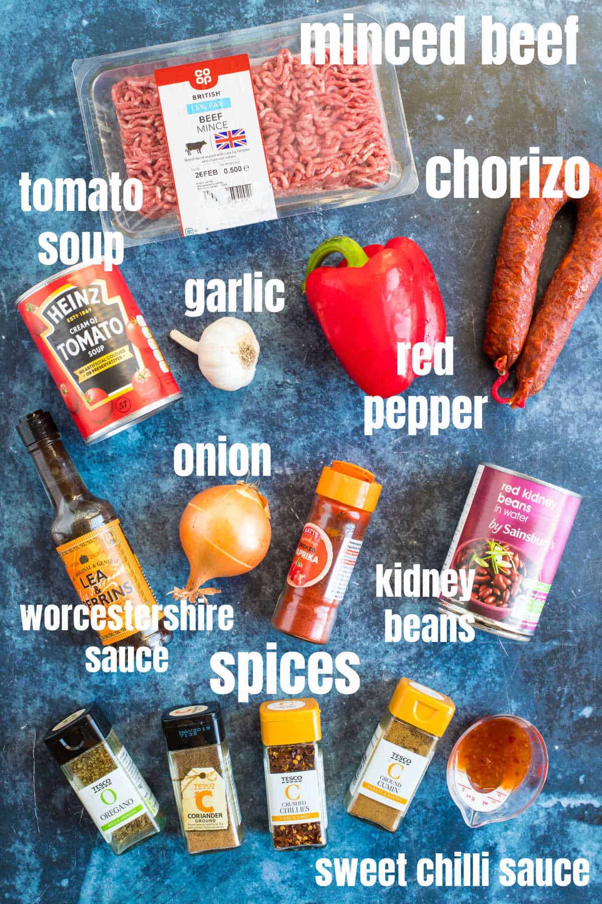 Ingredients needed for mild chilli con carne.