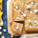 mini egg cookie bars cut into slices.