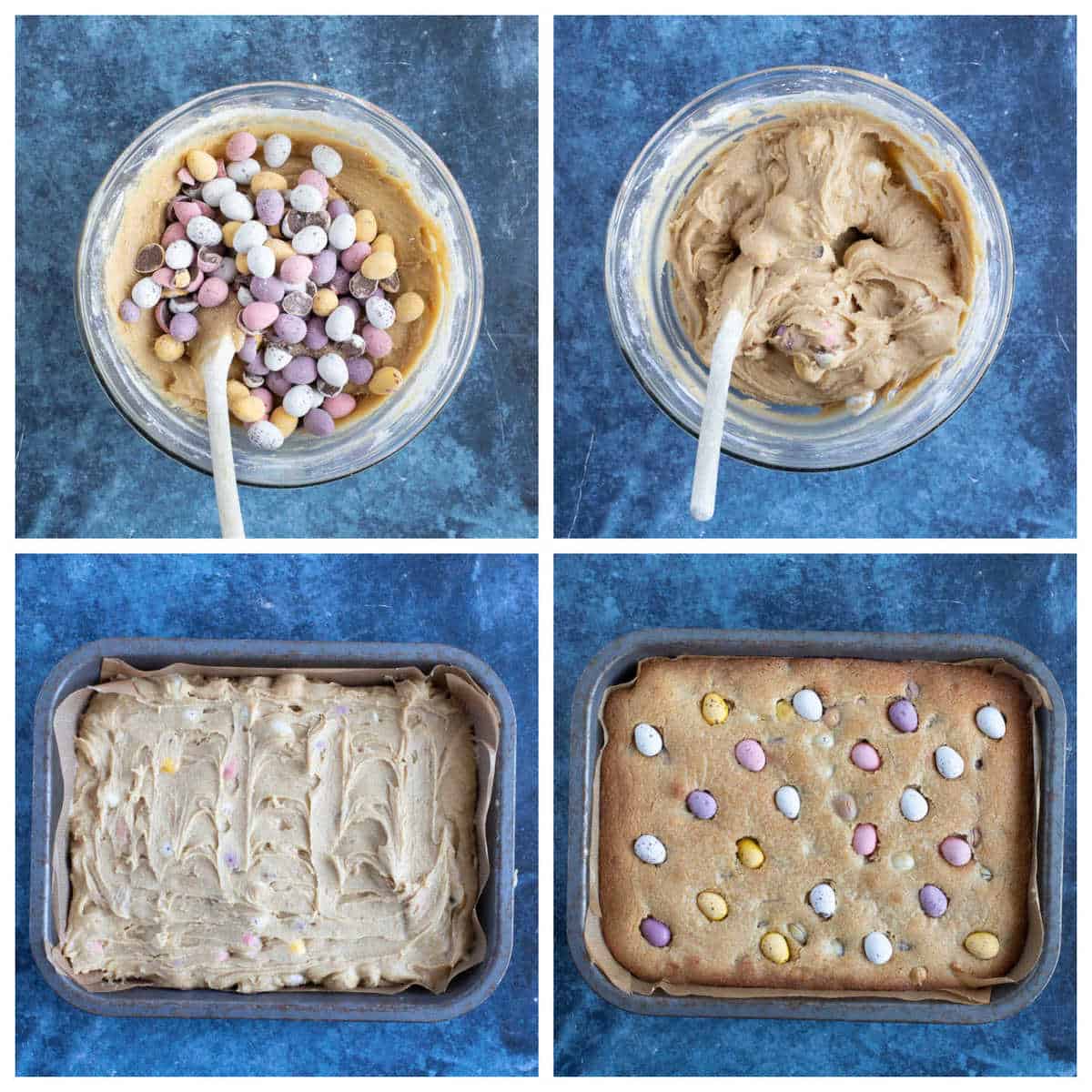 Step by step photo instructions for making mini egg cookie bars part 2.