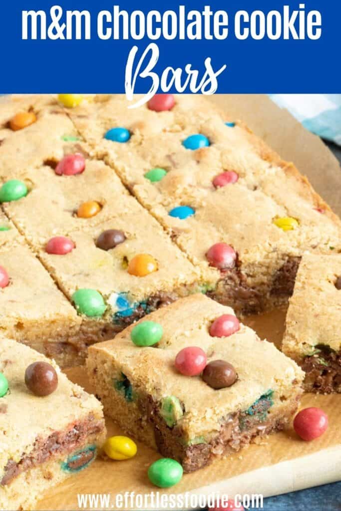 M&M Cookie Bars Pin image with text overlay.