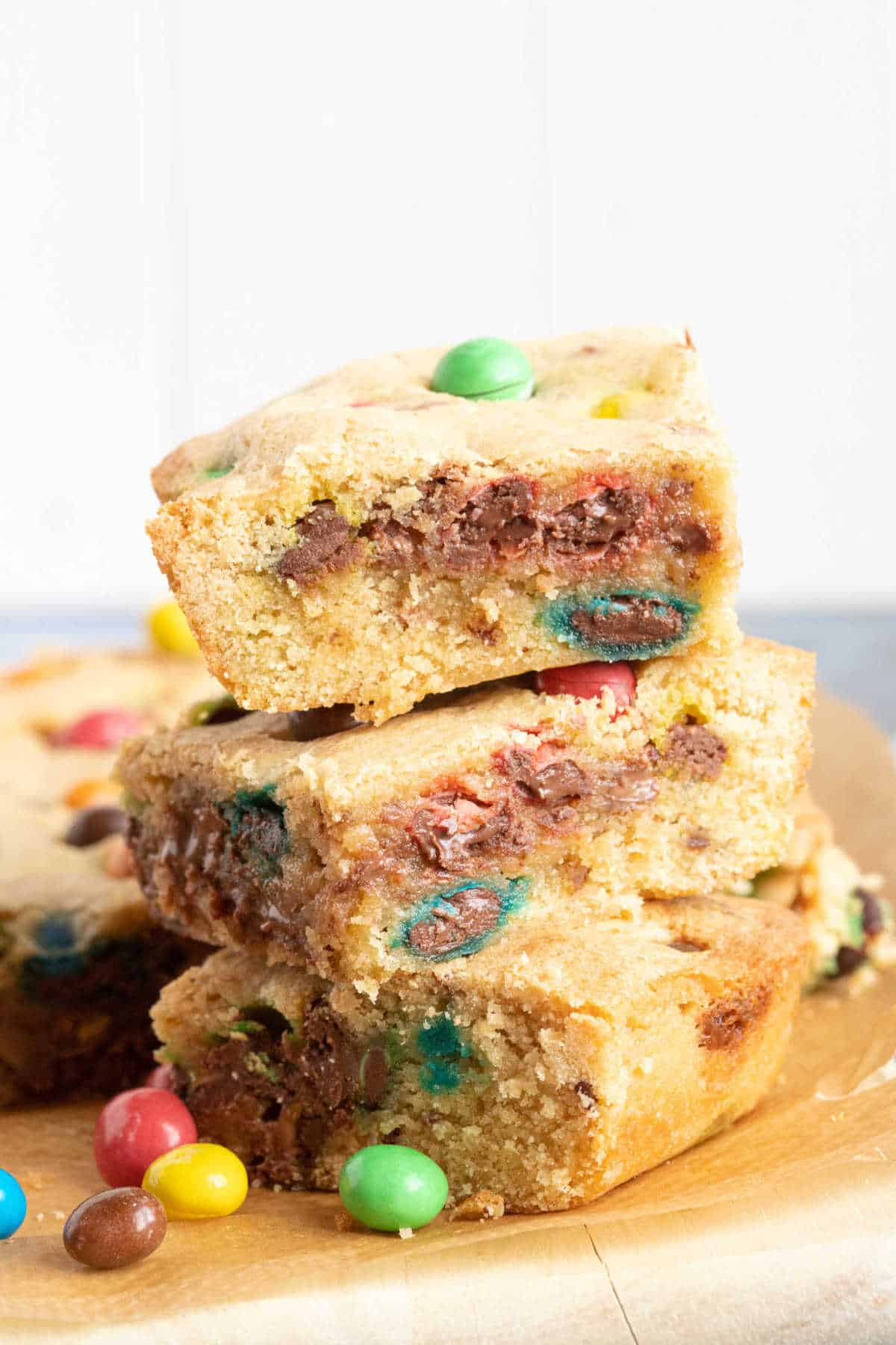 A stack of M&M Cookie Bars.