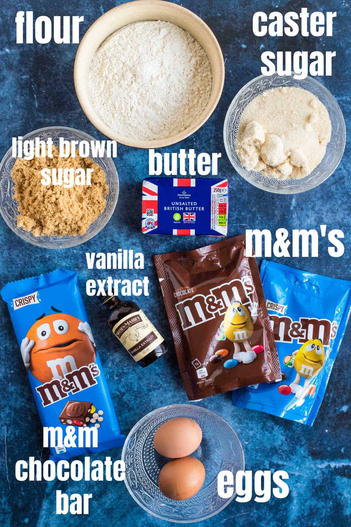 Ingredients needed for the M&M Cookie Bars.