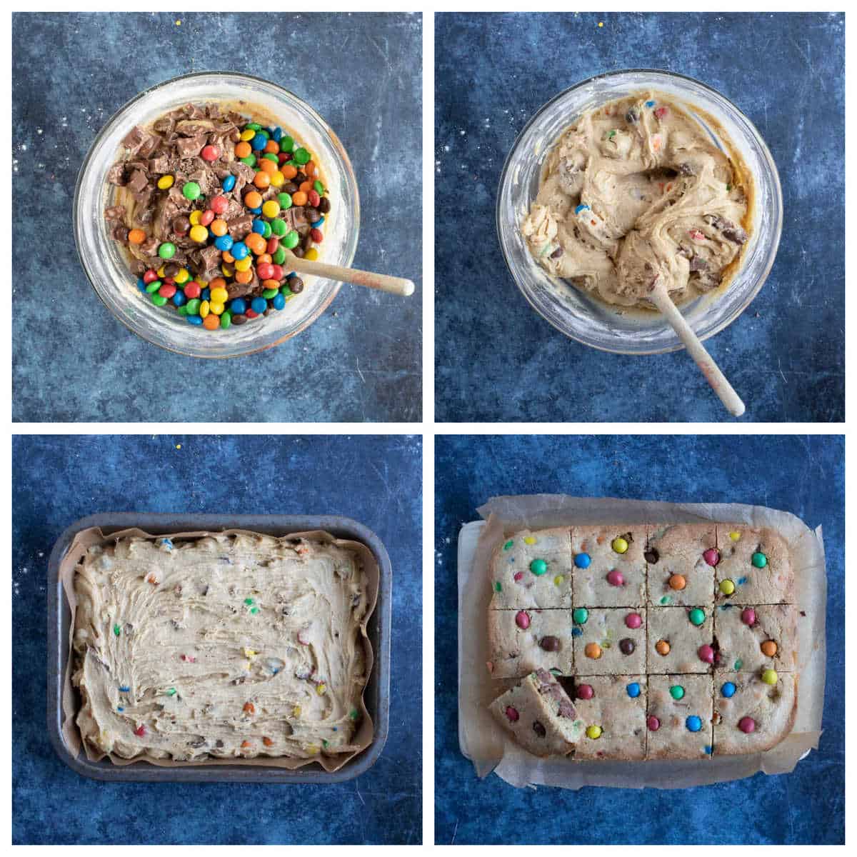 Step by step photo instructions for making M&M cookie bars part 2.