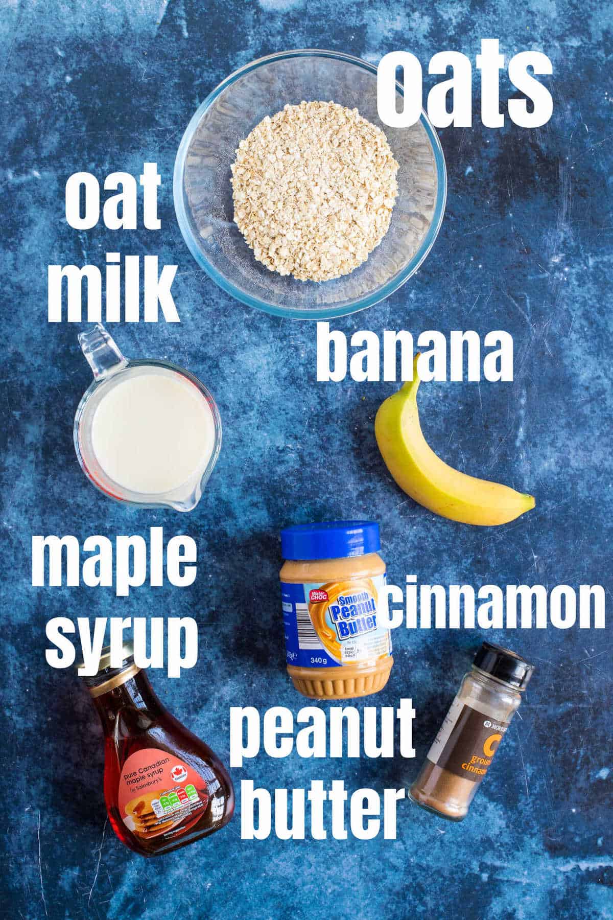 Ingredients for peanut butter banana porridge (oatmeal).