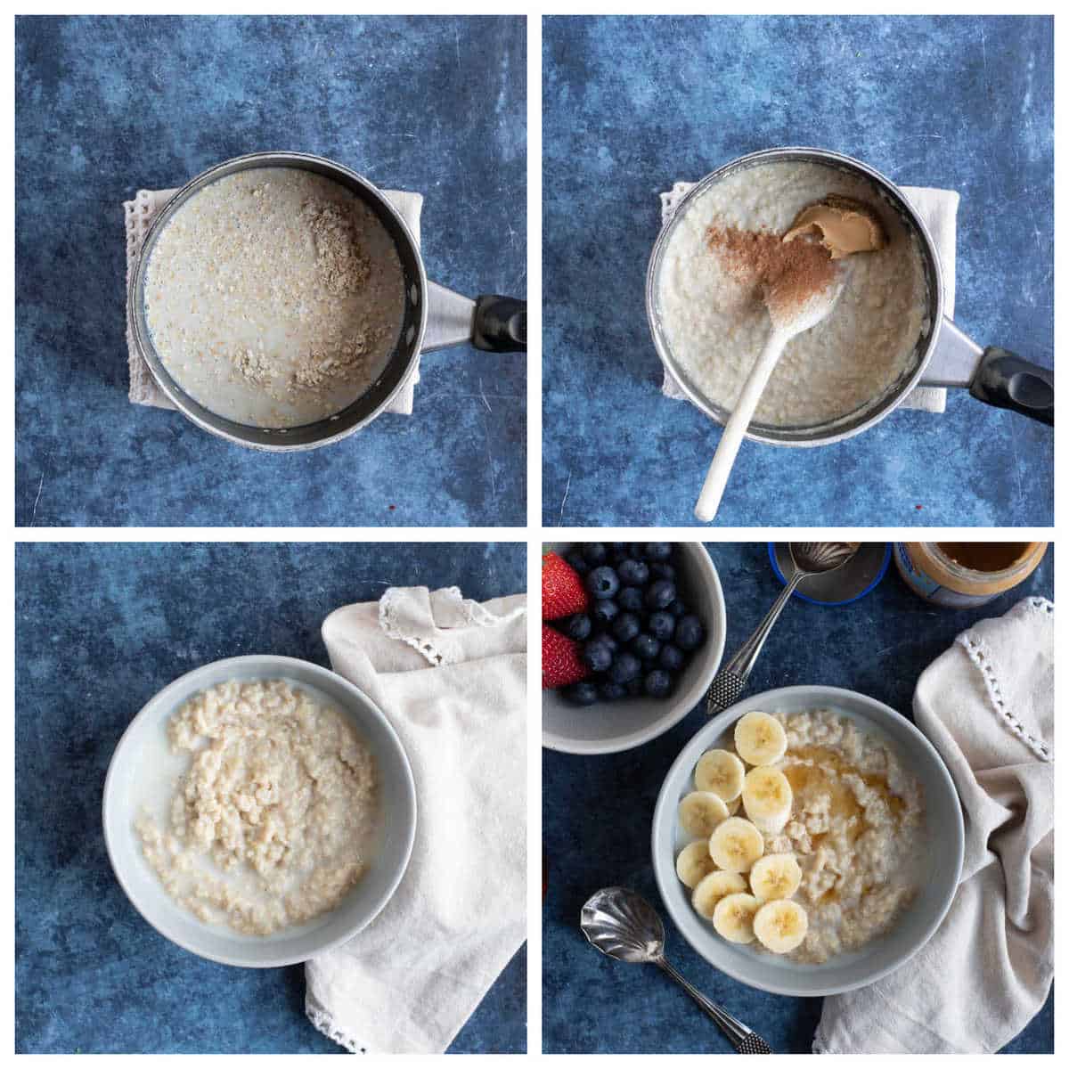 Step by step photo instructions for making peanut butter oatmeal.