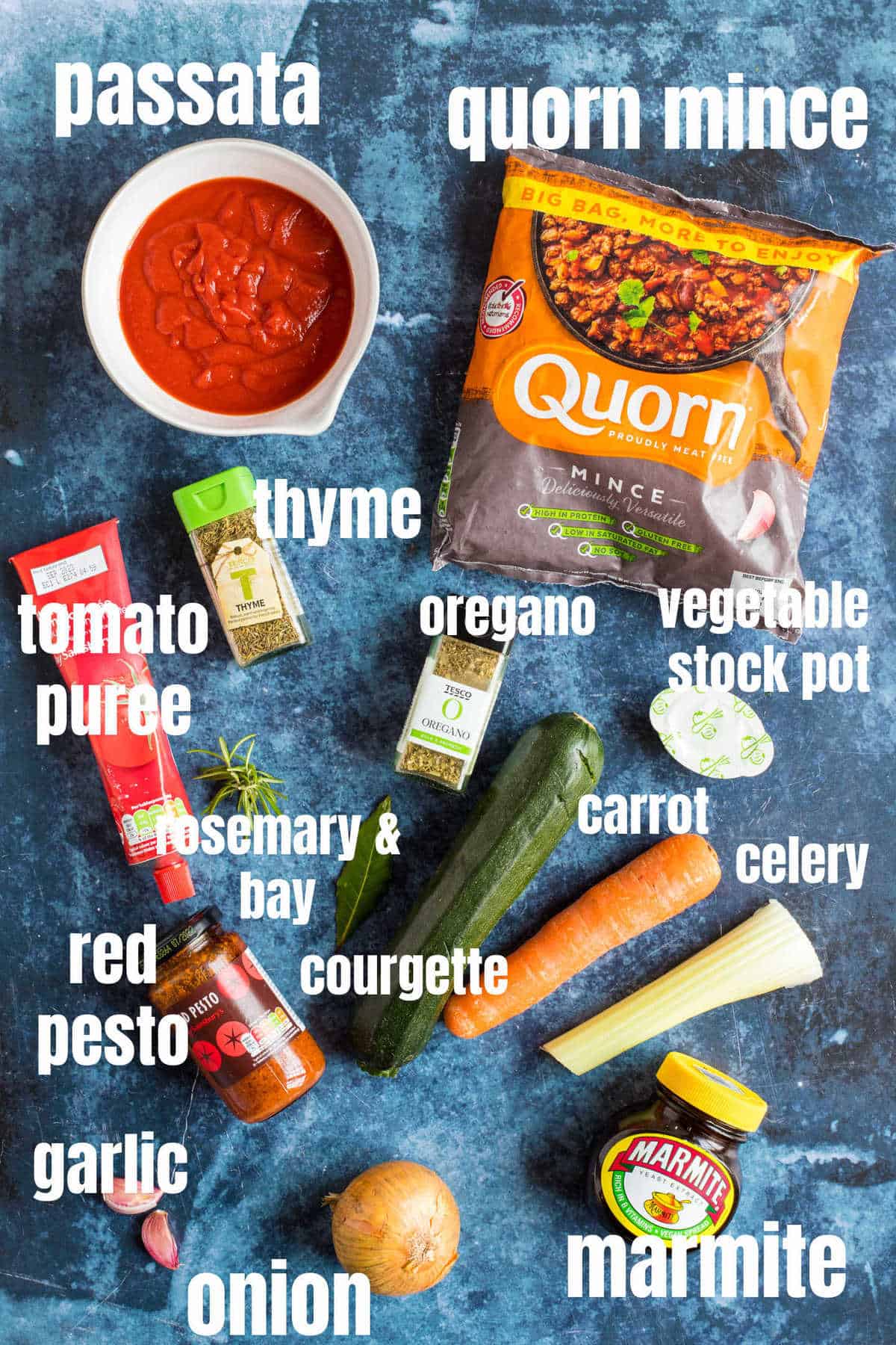 Ingredients for Quorn bolognese.