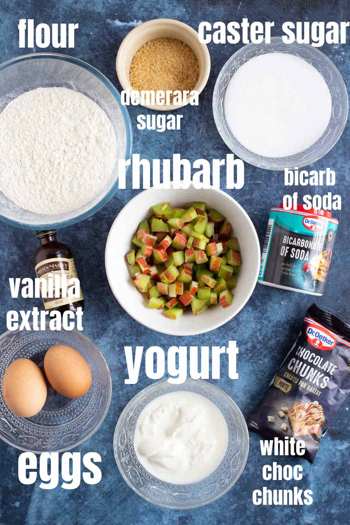 Ingredients for rhubarb muffins.