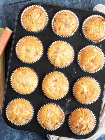 Rhubarb muffins in a baking tin.