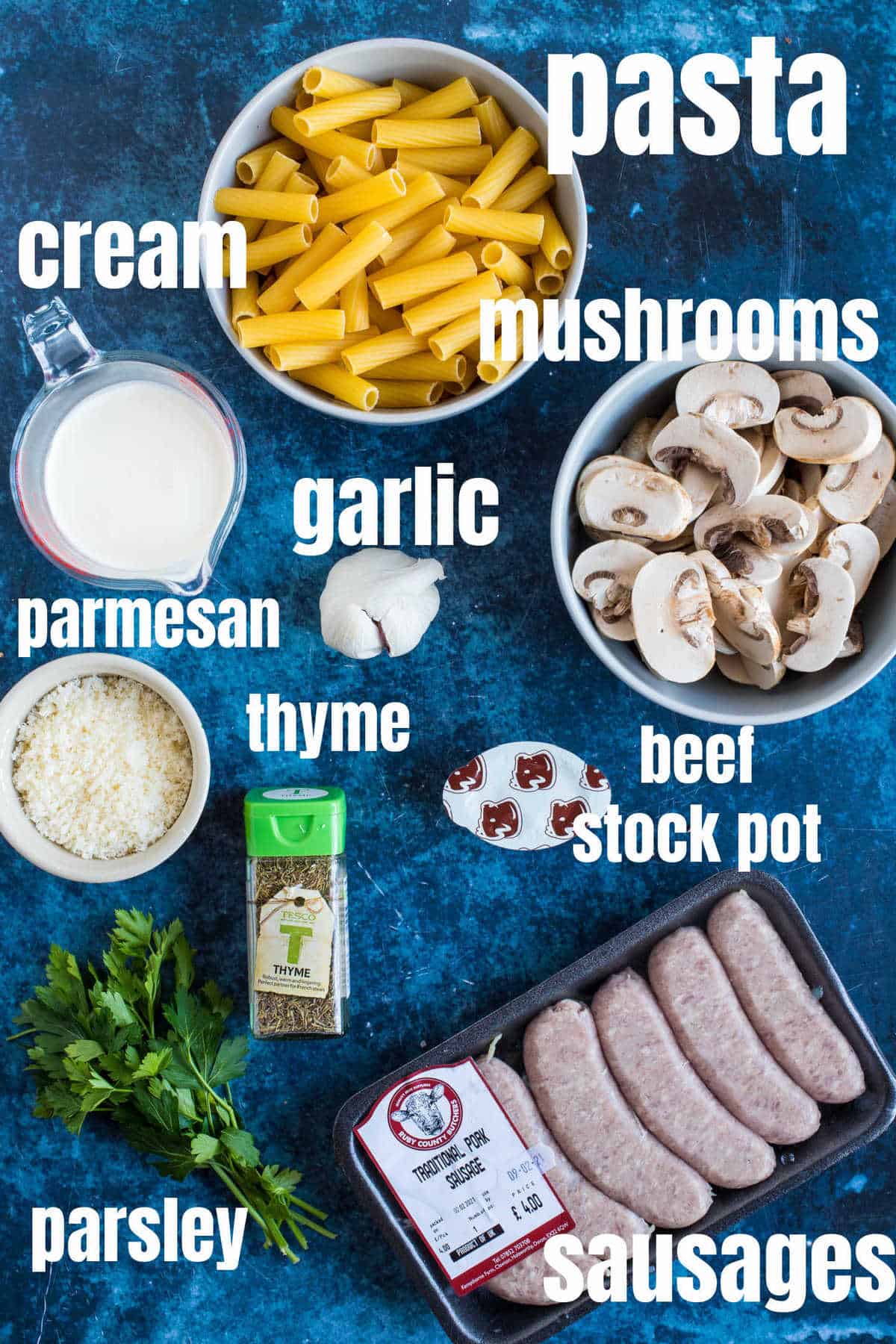 Ingredients needed for creamy sausage pasta recipe.