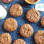 Double chocolate biscoff cookies on a cooling rack.