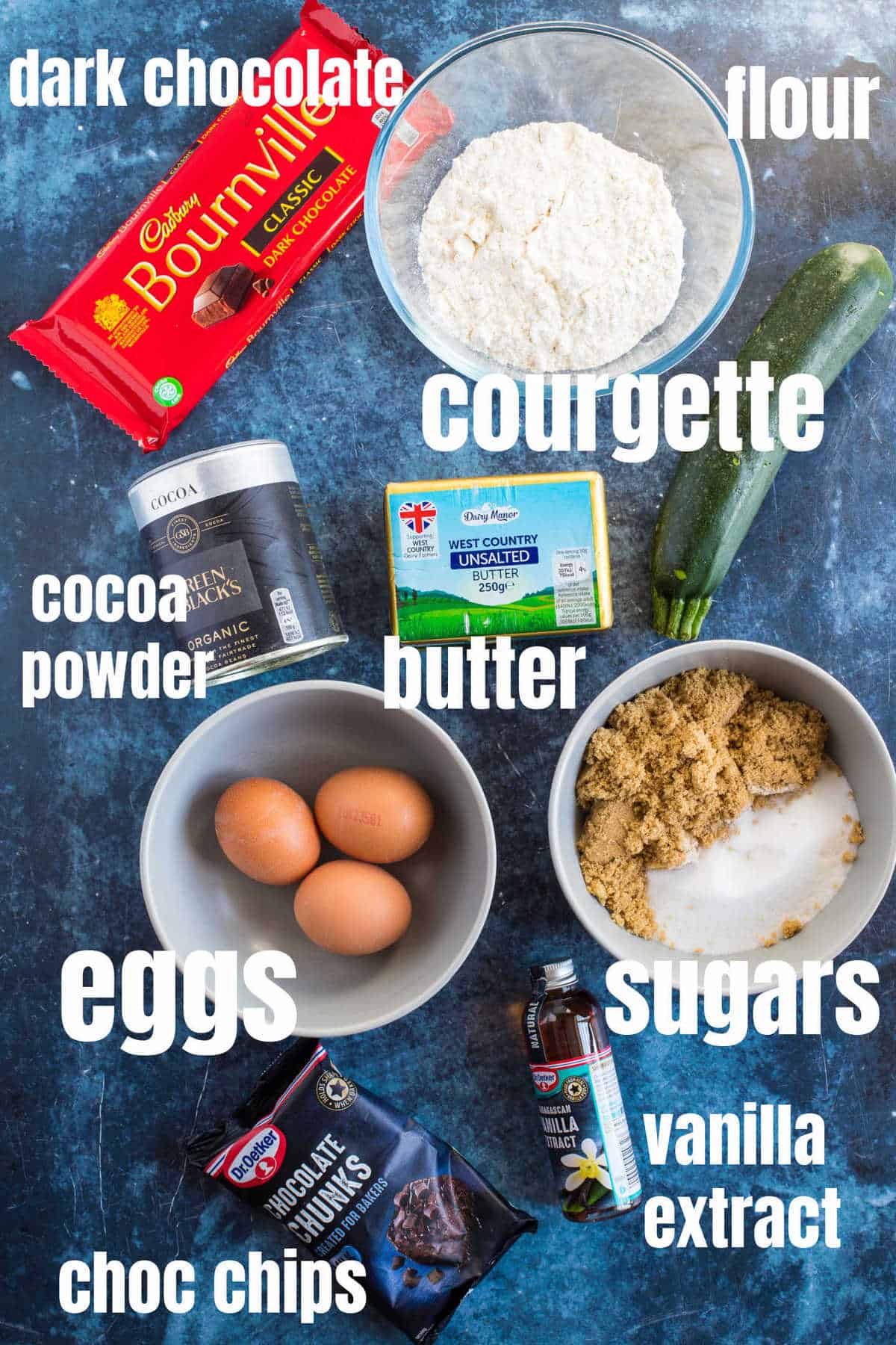 Ingredients for the courgette (zucchini) brownies).