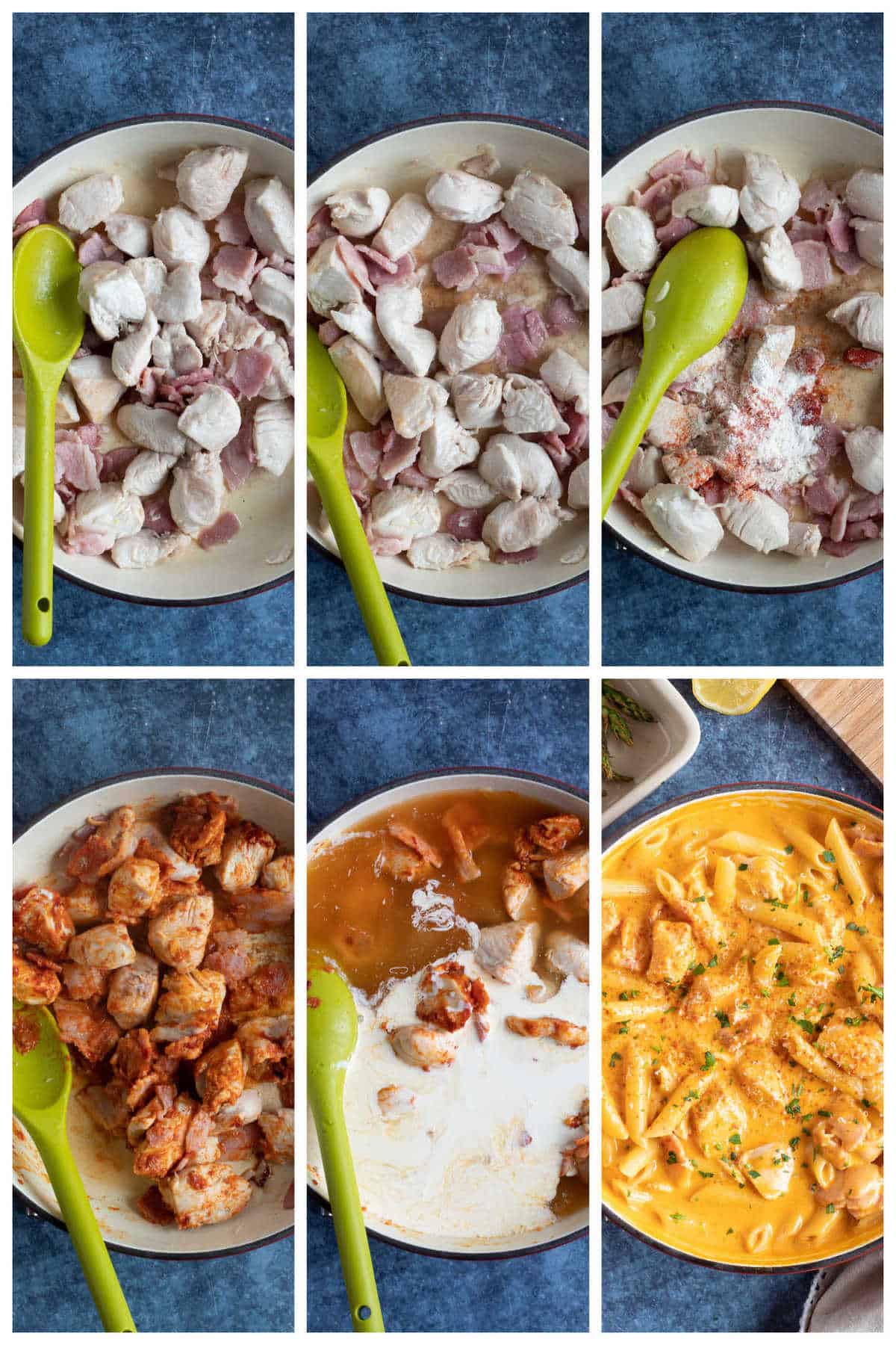 Step by step photo instructions for making the creamy paprika chicken pasta.