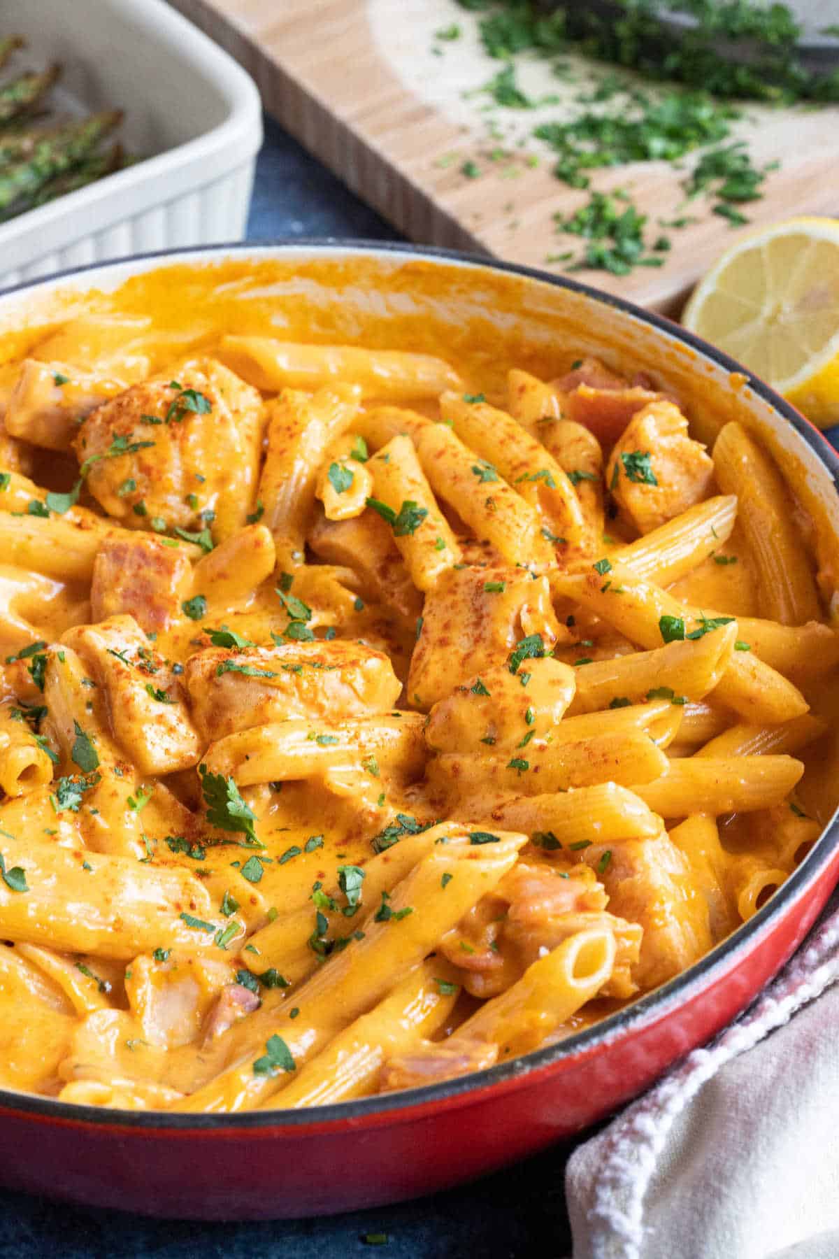 A pan of creamy paprika chicken pasta.