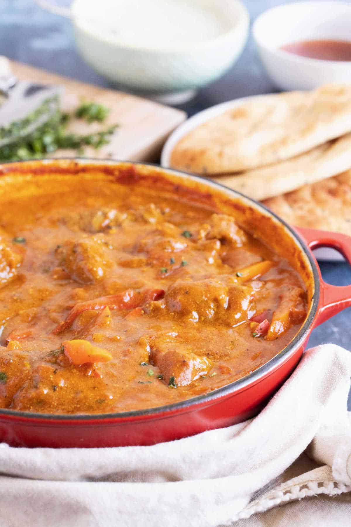 lamb balti with naan bread and mango chutney.