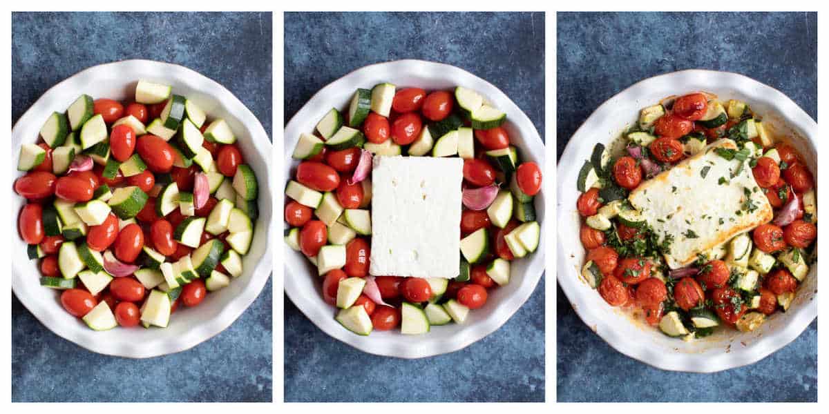 Step by step photo instructions for making baked feta pasta.