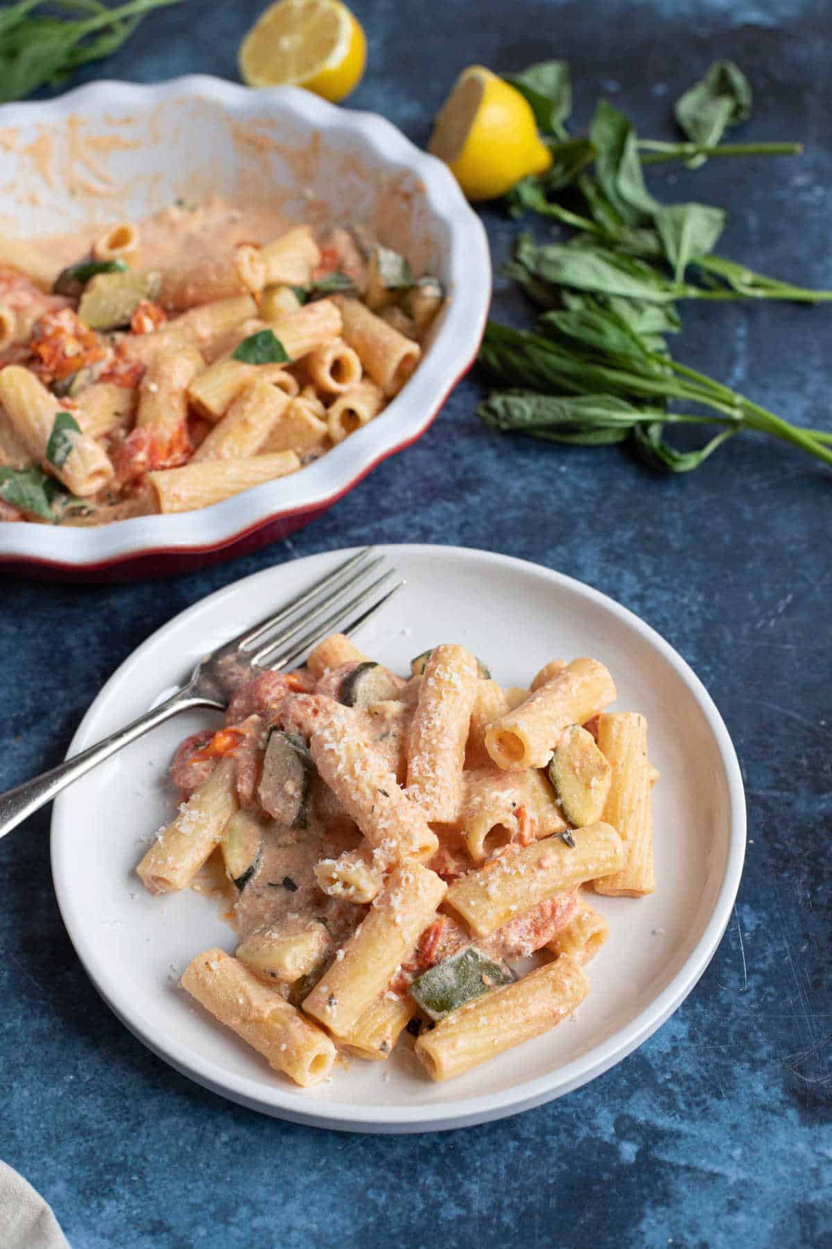 A plate of baked feta pasta.