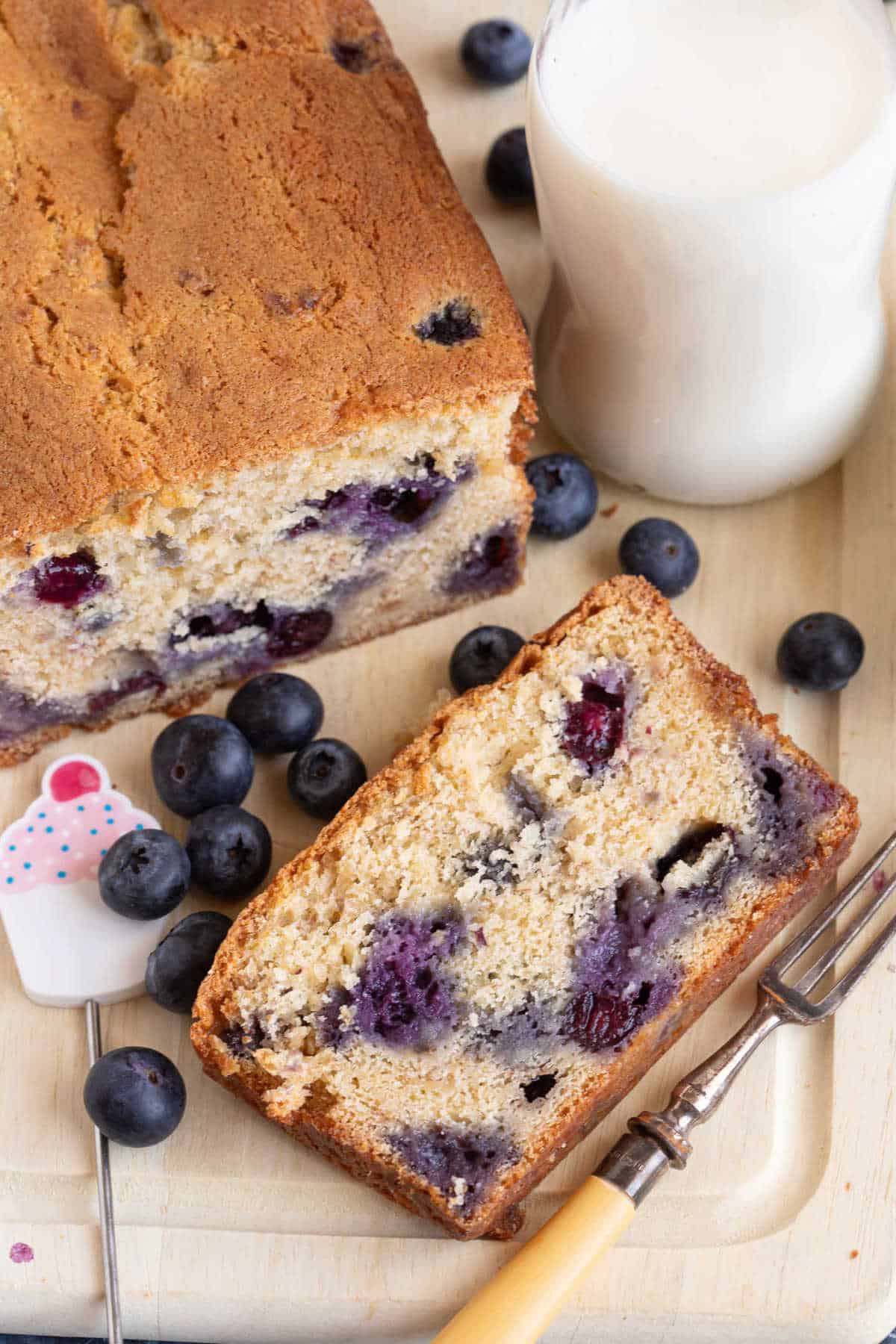 A slice of blueberry banana bread.