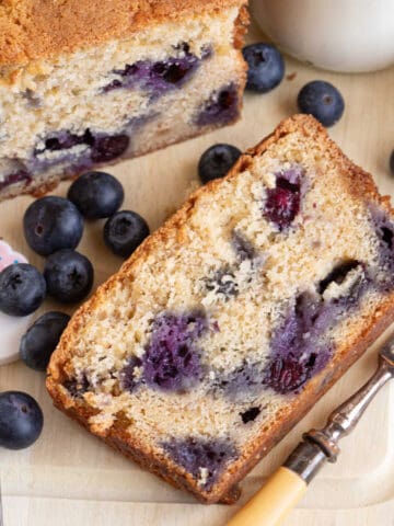 A slice of blueberry banana bread.