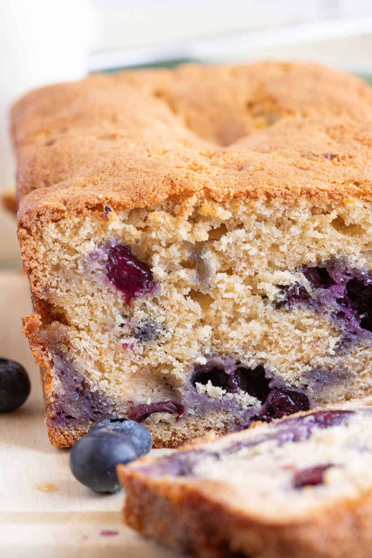 Close-up of the banana blueberry loaf cake.