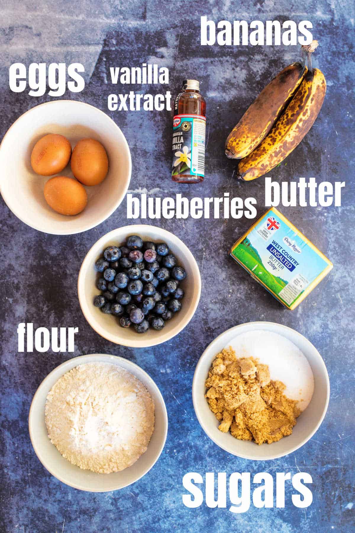 Ingredients for blueberry banana bread.