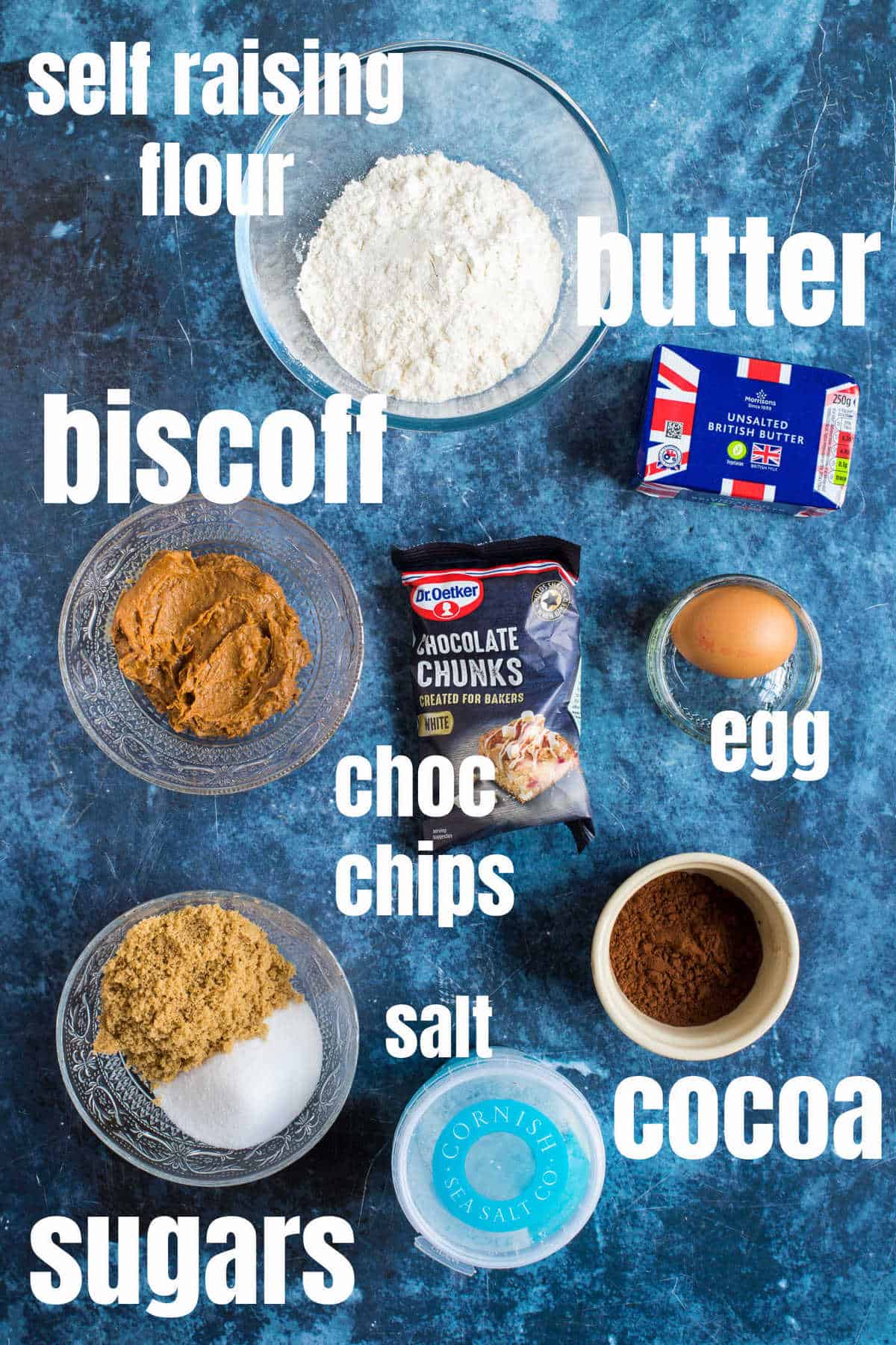 Ingredients needed for chocolate biscoff cookies.