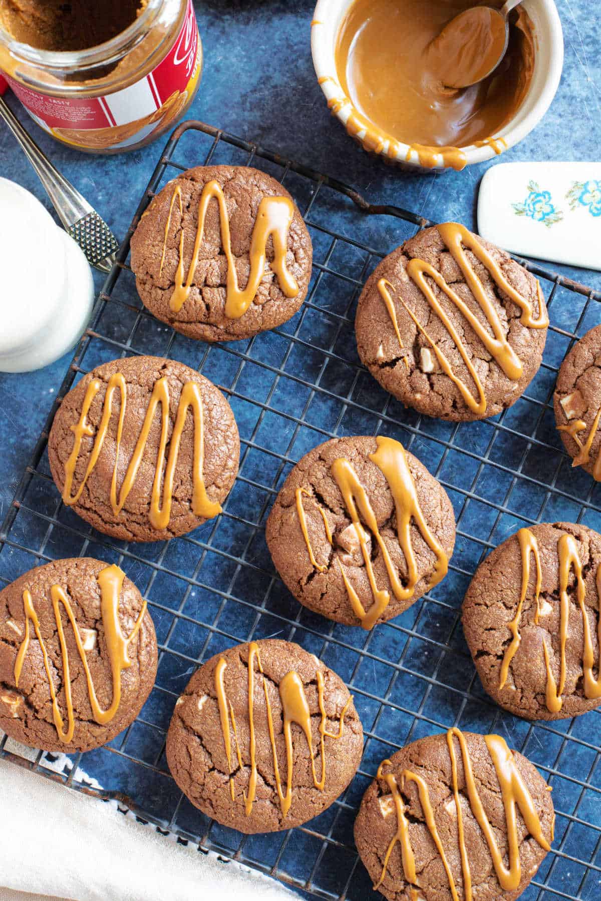 Chocolate Biscoff Cookies with melted biscoff drizzle.