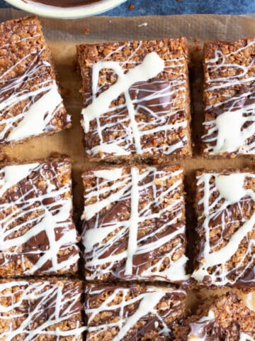 Chocolate chip flapjacks sliced into bars.