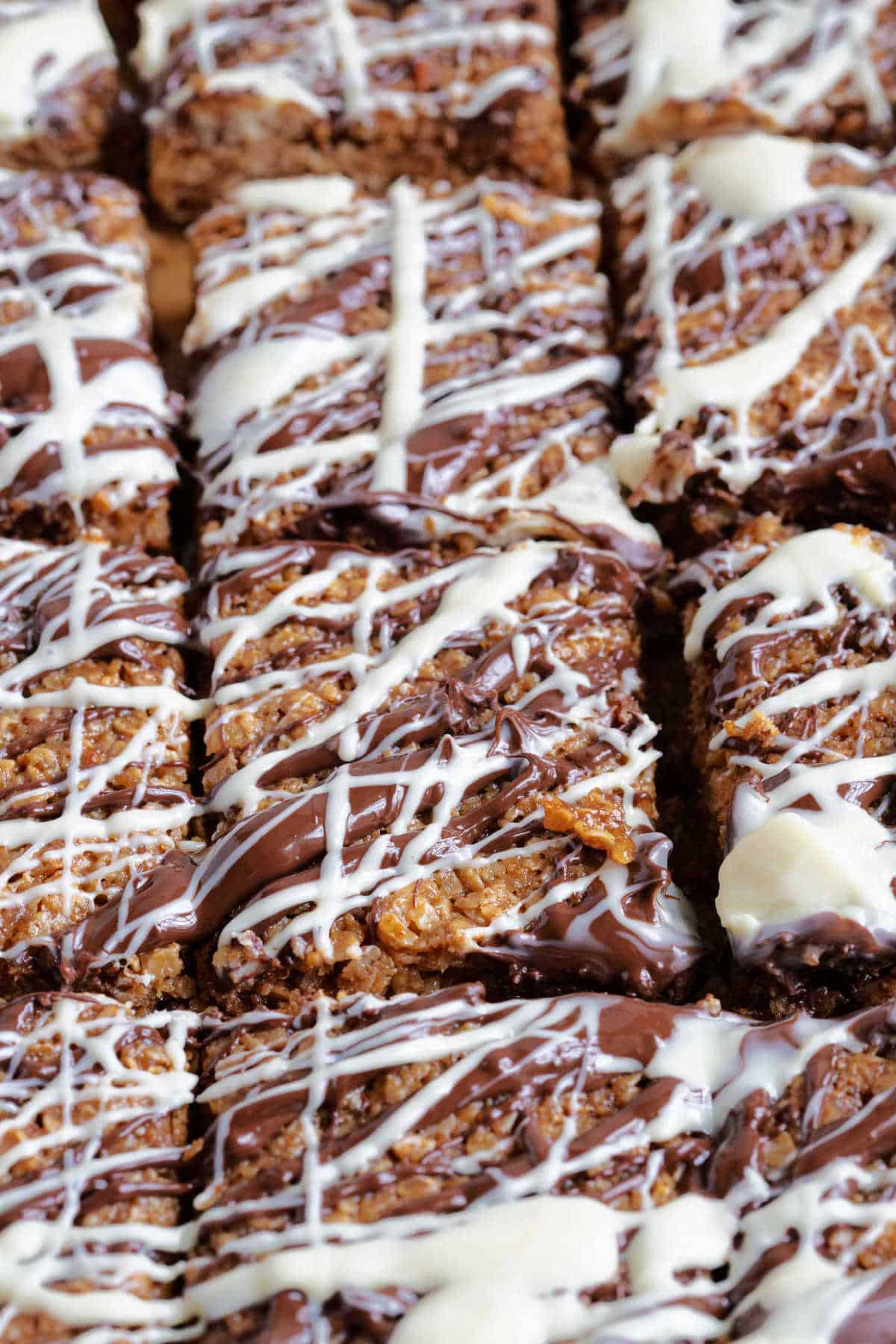 Chewy chocolate flapjacks cut into squares.