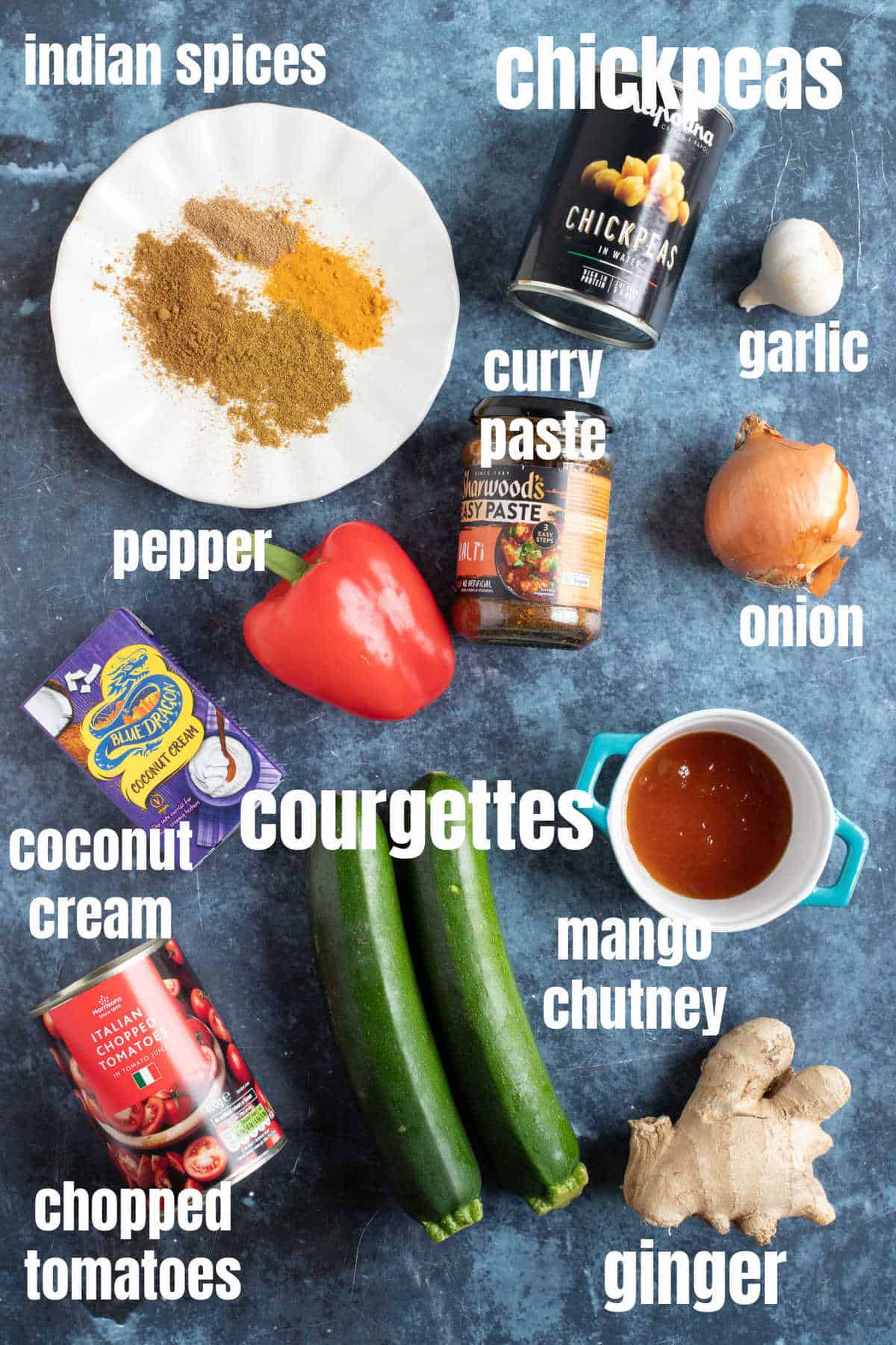 Ingredients needed for courgette curry.