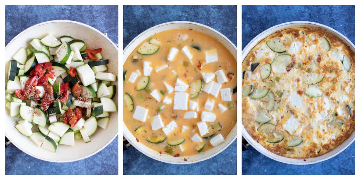 Step by step photo instructions for making courgette frittata.