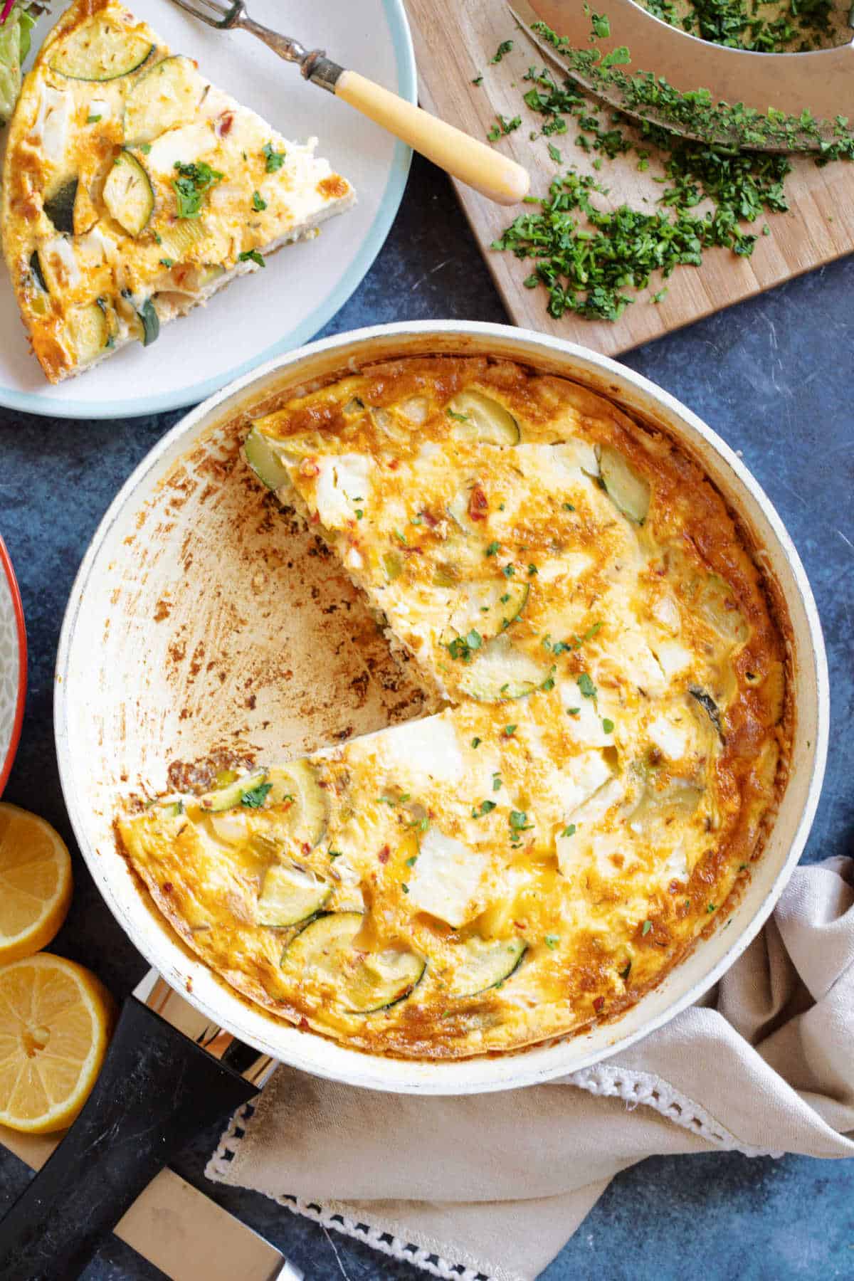 Courgette (zucchini) frittata with feta and peppers.