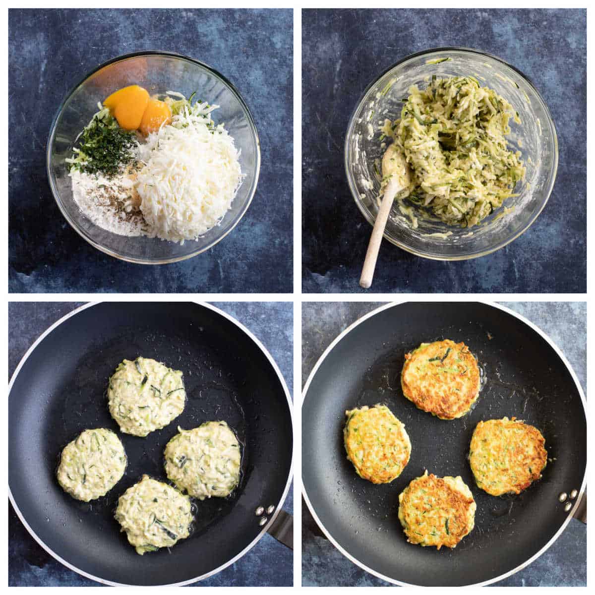 Step by step photo instructions for making courgette fritters.