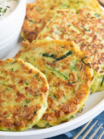 Courgette fritters with a yogurt dip.